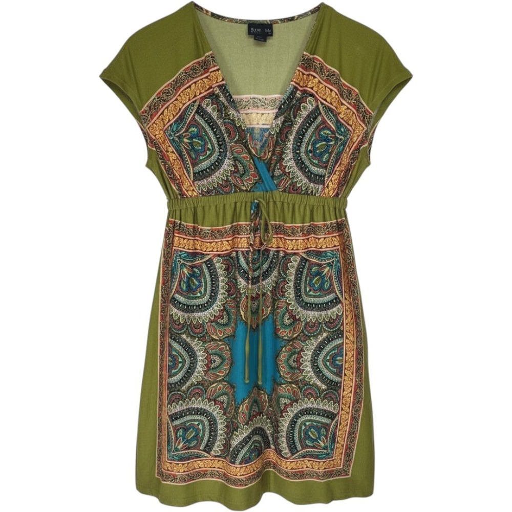 Y2K Babydoll Paisley Boho Mini Dress 4 Vintage Festival Hippie Colorful Stretch